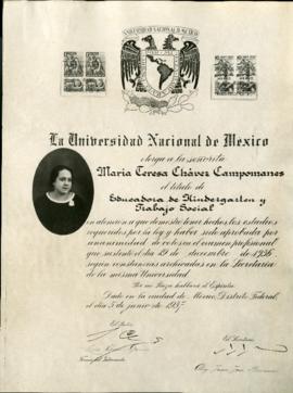National University Mexico certificate, Maria Teresa Chavez Campomanes, 1937